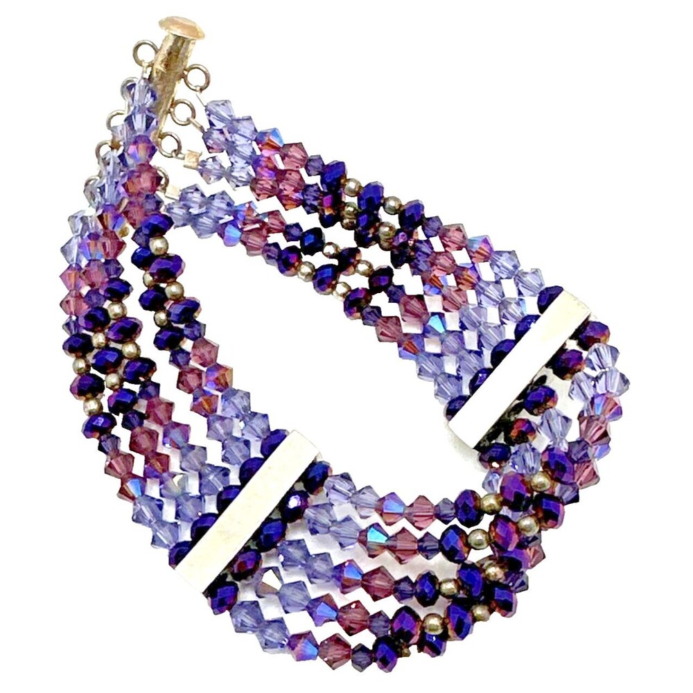 Pink Purple Crystal Bead Bracelet Multi Strand Gold Tone Trombone Clasp 7 1/4"
